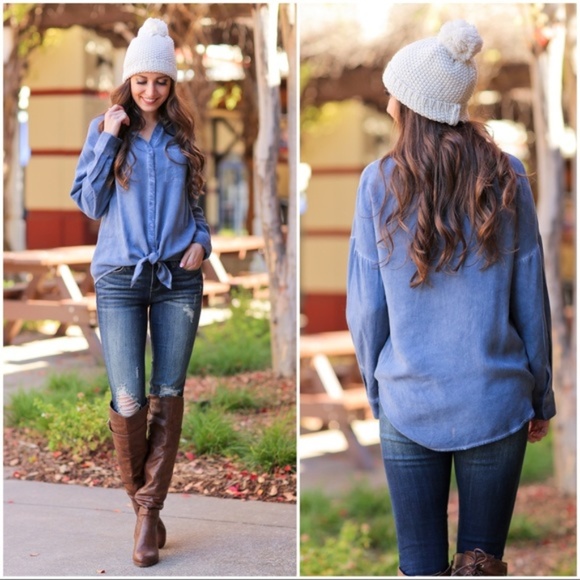 Infinity Raine Tops - ❤️LAST ONE! Blue Vintage Wash Button Up Tie Tunic